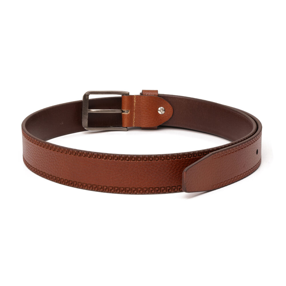 Genuine Leather Belt with Designed Border — Light Brown - Image 4