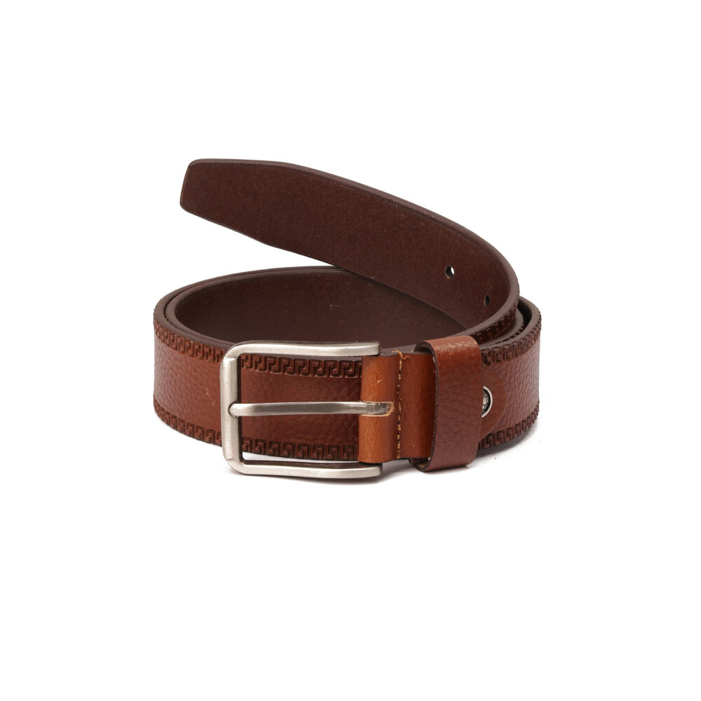 Genuine Leather Belt with Designed Border — Light Brown - Image 5