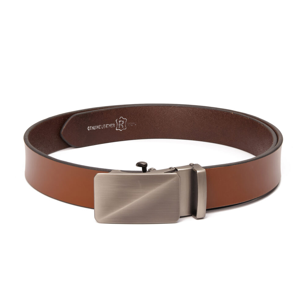 Genuine Leather Belt with Auto-Lock Designer Buckle — Brown