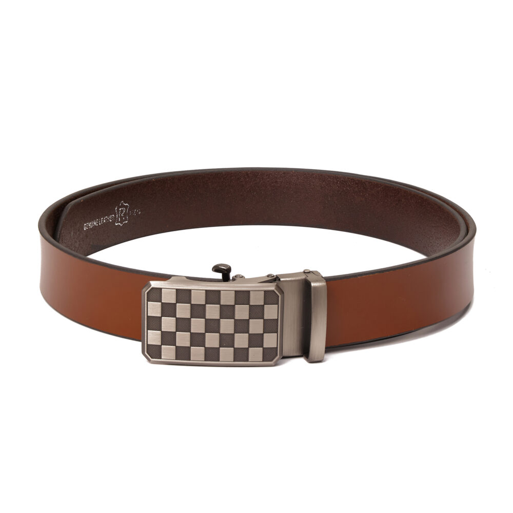 Genuine Leather Belt with Auto-Lock Chessboard Design Buckle – Brown - Image 5