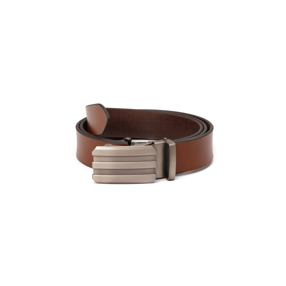Genuine Leather Belt with Track Design Auto-Lock Buckle – Brown