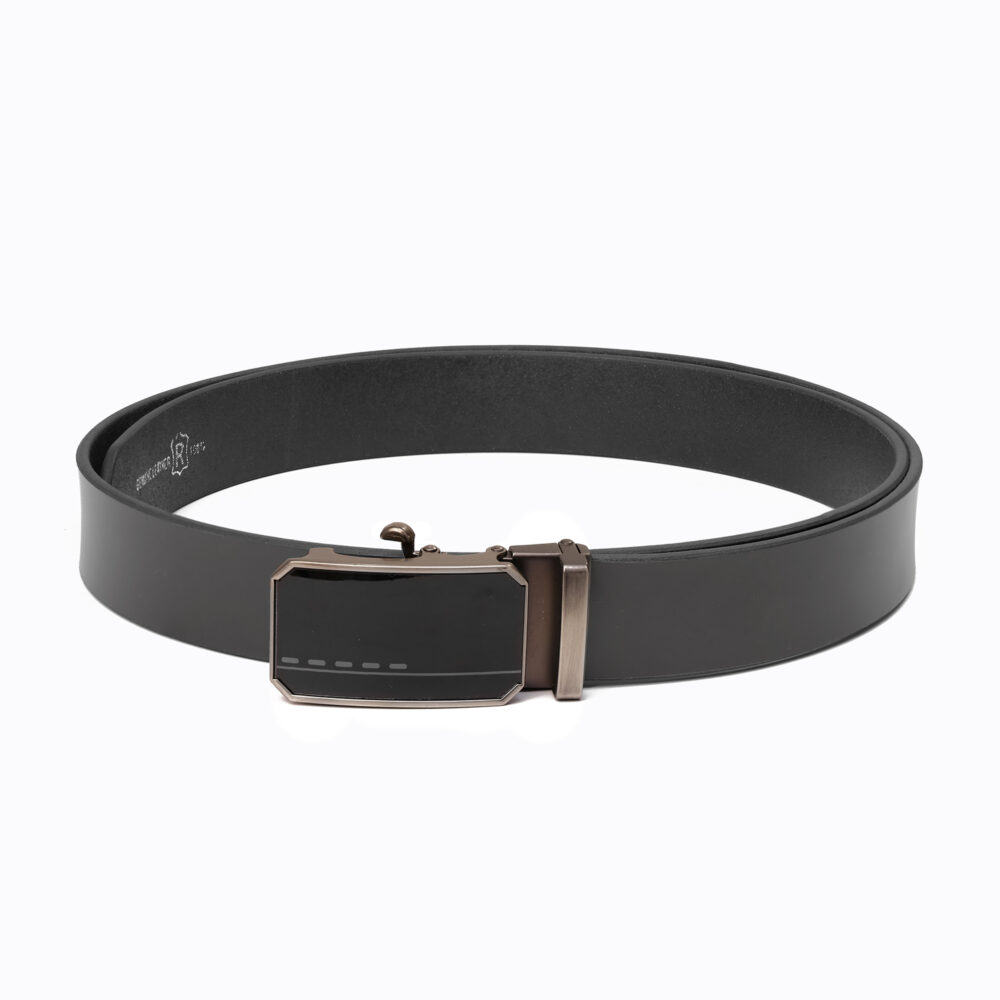 Genuine Leather Black Belt with Auto-Lock Black Shine Buckle