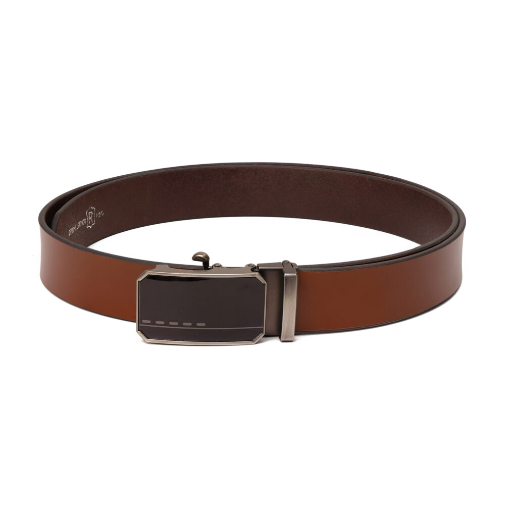 Genuine Leather Belt with Black Shine Auto-Lock Buckle – Brown