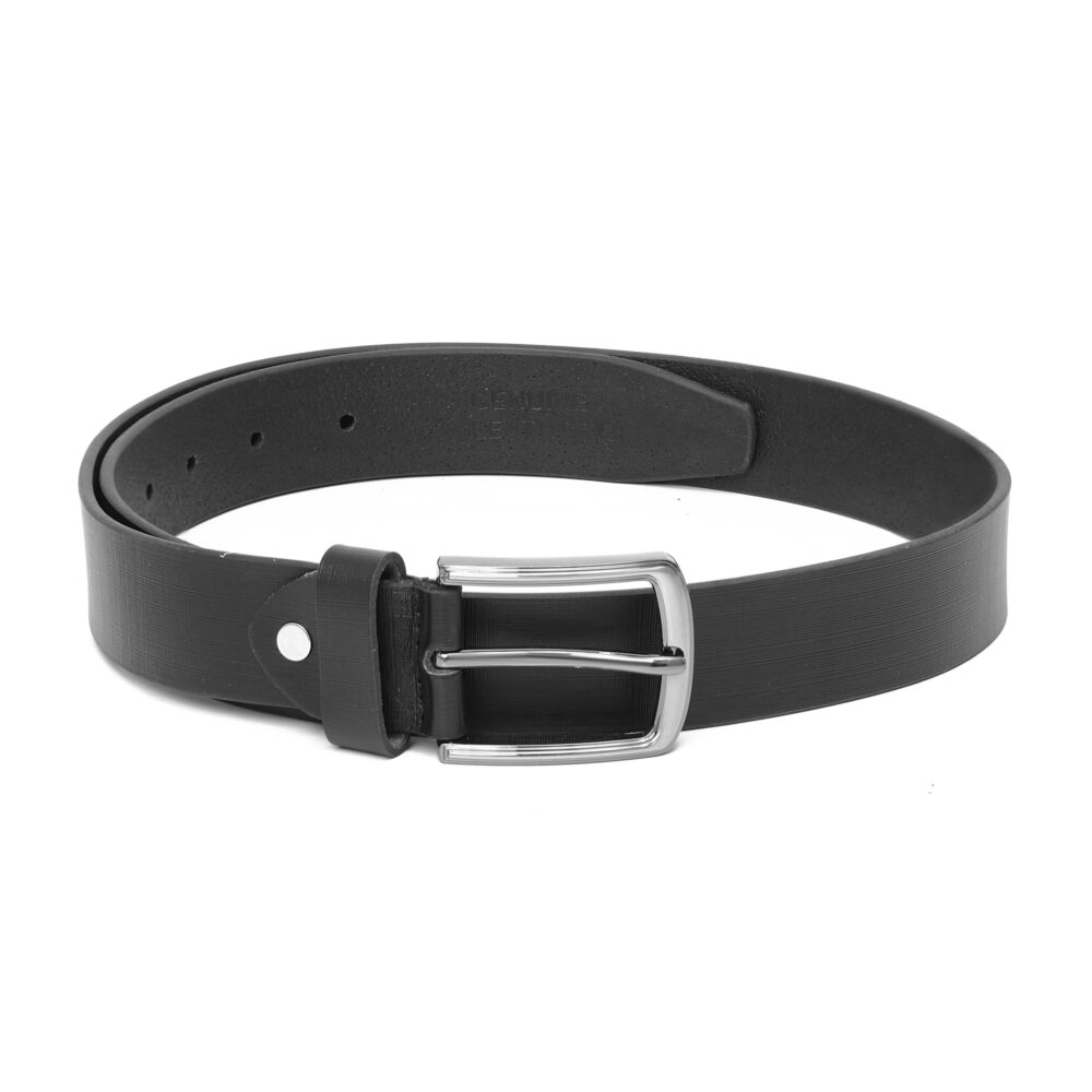 Genuine Leather Textured Black Belt with Classic Silver Buckle - Image 4