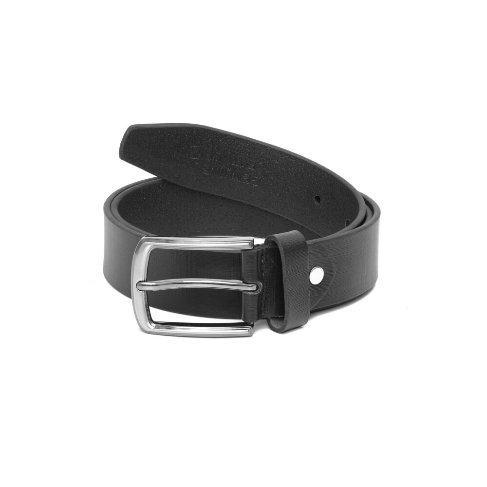 Genuine Leather Textured Black Belt with Classic Silver Buckle