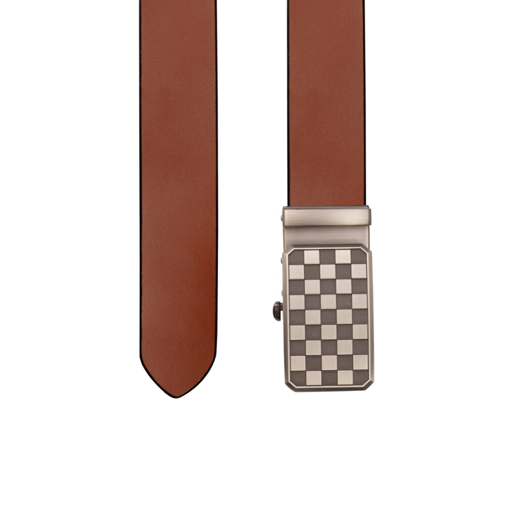 Genuine Leather Belt with Auto-Lock Chessboard Design Buckle – Brown - Image 2