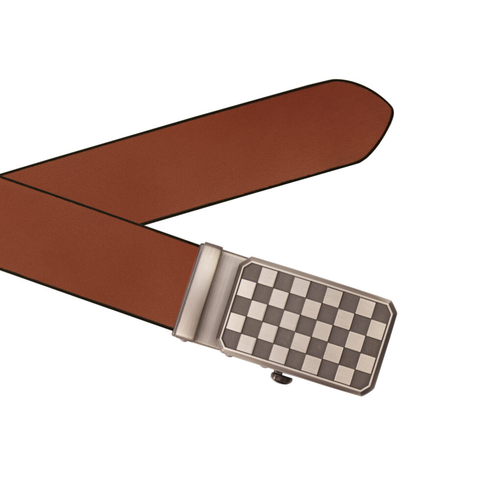 Genuine Leather Belt with Auto-Lock Chessboard Design Buckle – Brown - Image 3