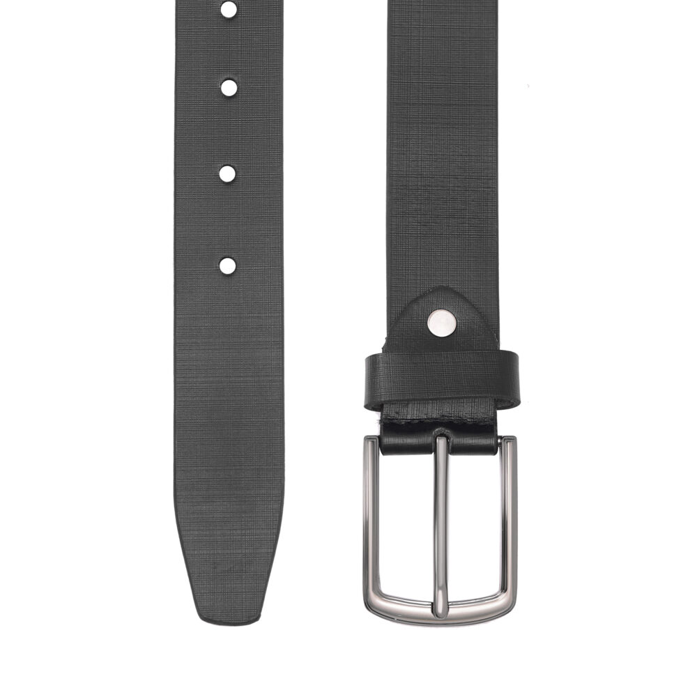 Genuine Leather Textured Black Belt with Classic Silver Buckle - Image 2