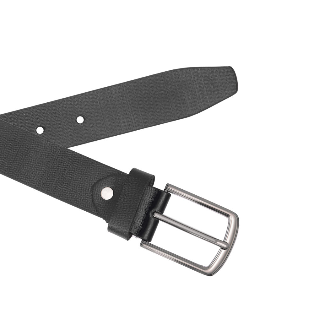 Genuine Leather Textured Black Belt with Classic Silver Buckle - Image 5